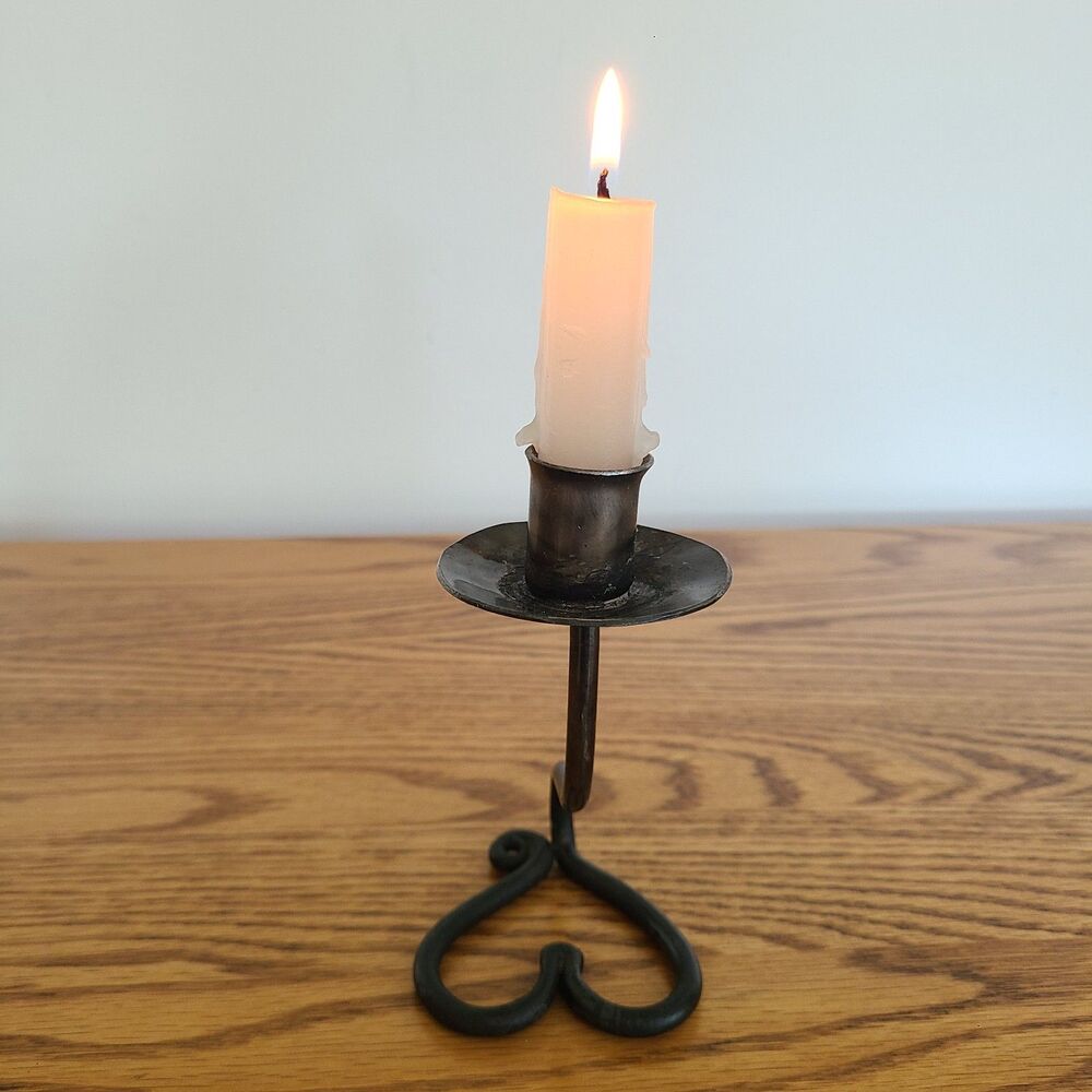 Vintage Wrought Iron Heart Base Taper Candle Holder HandForged Bronze Tone Metal - Picture 7 of 10